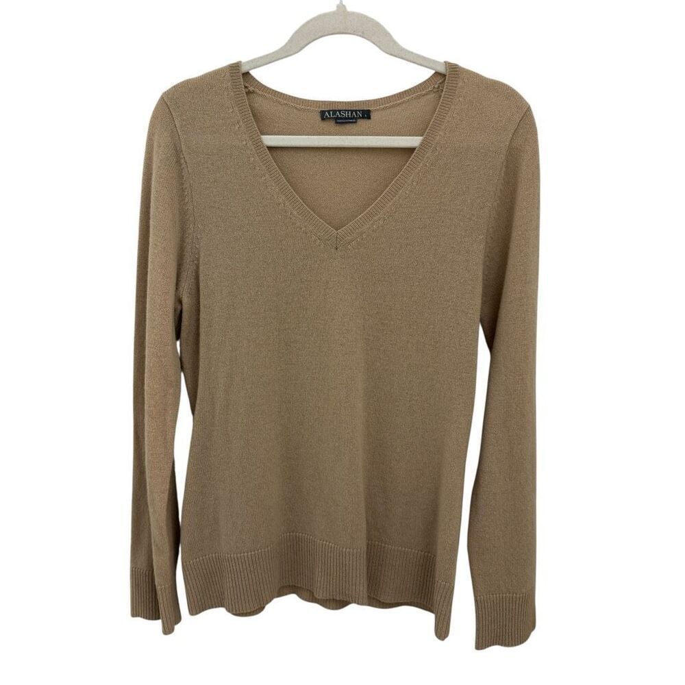 Alashan 100% Cashmere Women’s V Neck Sweater Tan Camel Long Sleeve Size Large